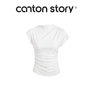 Cantonstory | Áo thun nữ tay ngắn thiết kế cổ ngang chiết eo dáng ôm tôn dáng