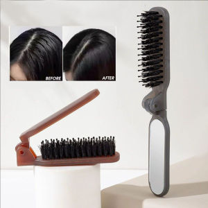 Dorisna Boar Bristle Brush Folding Travel Comb With Mirror Volumizing Hair Comb Grease-Absorbing Tames Oily Hair Instantly