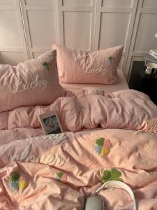 Soft Comfortable Cotton Towel Washed Four-Piece Bedding Set Gentle Girl Ins Style Lucky Grass Quilt Cover Dormitory Three-Piece Set