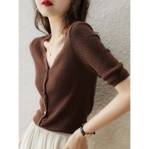 WANGGONGZHU | Princess Style V-Neck Short Sleeve Ice Silk Knitted Cardigan Womens Slim Fit Fashion Top Spring Autumn Outerwear T-Shirt
