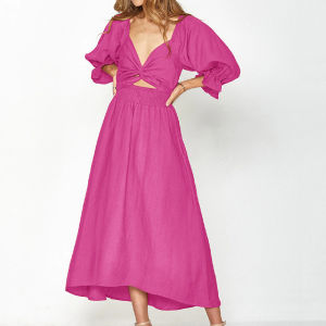 Loose V-neck Flared Sleeve Dress Polyester Fiber High Waist A-line Mid-length Summer Fashion Womens Dress Basic Style