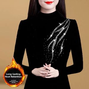 Womens Winter Fleece Lined Thick Long Sleeve High Collar T-shirt plus Size Glittering Underwear Casual Comfortable Base Shirt