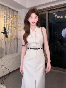 French Vintage Style Polo Collar Sleeveless Slim Fit Long Dress Womens Summer New Style High Waist A-Line Midi Dress