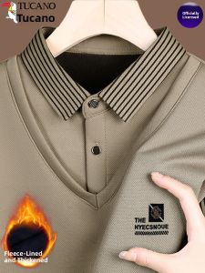 Mens Fleece Lined Knitwear Winter Flip Collar Sweater Bottoming Shirt Casual Business Cotton Long Sleeve Thickened Base Layer Top