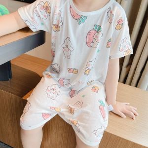 Summer Bear Short Sleeve Sleepwear for Kids Baby Boy Girl Snap Button Overall Onesie Air Conditioning Suit Cute Childrens Robe