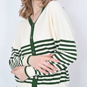 QUEENTIN Cardigan Rajut Casual Wanita 812 Knit Strecth Stripe Lengan Panjang
