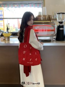 Maymoon Handmade คริสต์มาสสีแดง ผ้าลูกฟูก กระเป๋าผ้าแคนวาสความจุขนาดใหญ่ Vintage สองด้าน < Ne2> กระเป๋าสะพายไหล่สําหรับผู้ชายและผู้หญิง