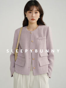Elegant Knitted Outerwear round Neck Short Coat Spring Season Light Purple Fabric Breathable Comfortable for Young Women