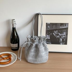 IELGY Large-Capacity Unique Trendy Bucket Bag Womens Drawstring PU Soft Leather Creative Pleated Bag