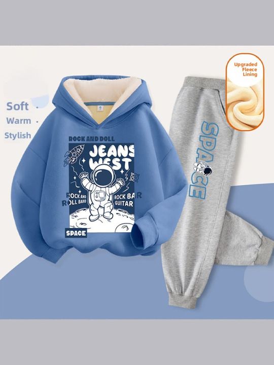 Boys Fleece Winter Hoodie Tracksuit – Red & Blue 2-Piece Set