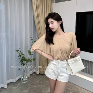 Floral Slim Fit Five-Quarter Sleeve T-Shirt Women Loose Cover up Vintage Belly Cover V-Neck Two-Way Wear Short Length Casual Top