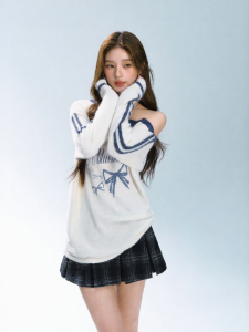 Slanted Shoulder Bow Design Cute Lazy Style Knitted Sweater White