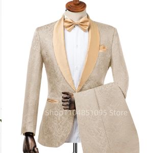 2 Piece Champagne Jacquard Men Suits Handsome Wedding Suit Slim Fit Shawl Lapel Blazer with Pants Casual Suits For Party Prom