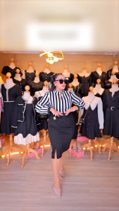 เดรสทำงานผู้หญิง  ขาวดำลายทางทรงสอบสไตล์เกาหลีทรงเข้ารูปช่วงเอว