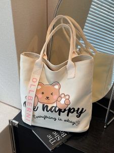 Large Capacity Canvas Tote Bag Womens Casual Commuter Bag Cartoon Bear Handbag Soft Bucket Shape Zipper Closure Shoulder Bag