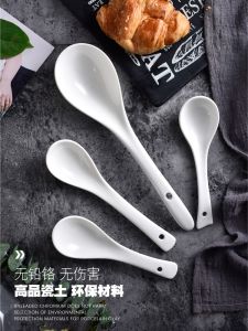 Large Ceramic Soup Spoon Long Handle Bone China Porcelain Rice Porridge Hot Pot Spoon Home Use Dining Table Utensils