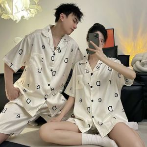 ชุดนอนผ้าไหมน้ำแข็งสำหรับคู่รัก แขนสั้น กางเกงขาสั้น บาง ไซส์ใหญ่พิเศษ หลวมๆ สำหรับผู้ชายและผู้หญิง ชุดนอนในบ้าน
