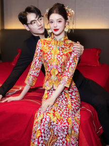 Chinoiserie Wedding Dress New 2025 Show He Wedding Gown Chinese Style Long Sleeve Polyester Fabric Stand Collar Dragon And Phoenix Coat