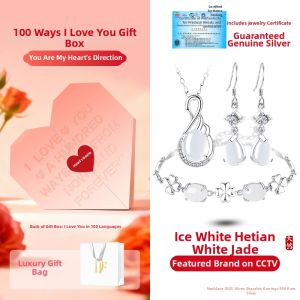 East Beauty | Sterling Silver Natural Hetian Jade White Jade Necklace Bracelet Earrings Set 3-Piece