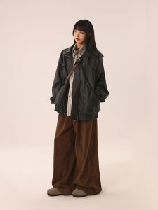 American Style Brown Leather Jacket Womens Autumn Winter Black Vintage Bagel Style Clothing Mens Loose Fit Streetwear