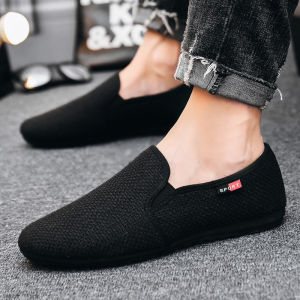 Casual Korean Style Mens Shoes Lightweight Fashionable Hemp Car Driving Loafers Flat Heel Daily Use Fabric Upper Rubber Sole