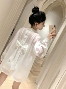 Sun Protection Butterfly Knot Hollow out Back Shirt Thin Fashion Summer Casual Sweet Style Womens Outerwear Long Sleeve Polo Collar