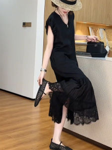 Black Lace Splice Womens Dress High Waist Slimming V-Neck Long Skirt Korean Style Breathable Soft Material A-Line Dress