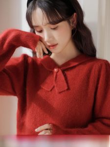 Red Short Sweater Womens Autumn Winter Fashion Design Sensation New Years Clothing Warmth Heat Generation Female Models
