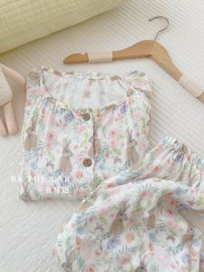 เสื้อผ้าอยู่บ้านผ้าฝ้ายไผ่แขนยาวคอกลมสำหรับฤดูใบไม้ผลิและฤดูร้อน ชุดนอนผู้หญิงลายดอกไม้ลายน่ารัก สไตล์หวานและน่ารัก