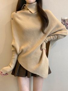 Maillard Cloak Turtleneck Sweaters Womens Clothing Fall and Winter Stylish Niche Style Unique Chic Asymmetrical Knitwear Tops