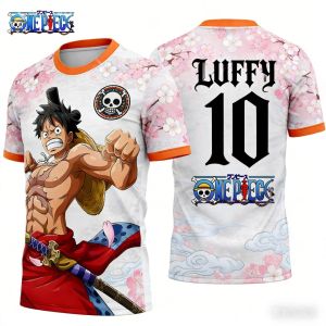 Bandai | Summer 2026 One Piece Lufei "Cherry Blossom in The Land of Harmony" Football Theme 3D Print Breathable T-shirt Adult Parent Top