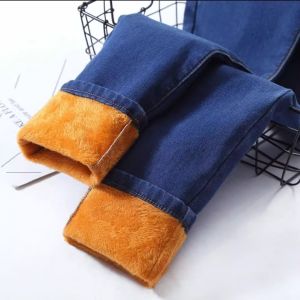 Thickened Fleece Lined Slim Fit High Waist Bootcut Jeans Womens Winter Warm Cotton Pants Elastic Casual Style Pure Color