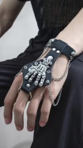 KunJoe Steampunk Skull Finger PU Leather Bracelet For Men Gothic Silver Color Link Chain Bracelets Bangles Rock Halloween
