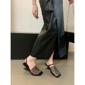 Fashionable Black Toe Toe Drag Hole Shoes Womens New Woven Mesh High Heels Summer Skirt Wear High Heels Slippers