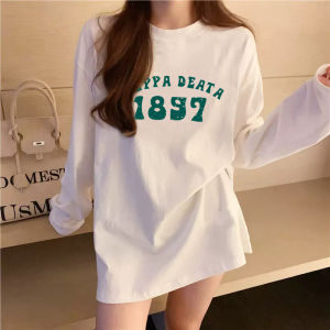 Pure Cotton Fleece Lined Long Sleeve T-Shirt Mid-Length Base Layer Shirt Warm Inner Wear for Autumn Winter Printed Casual Top