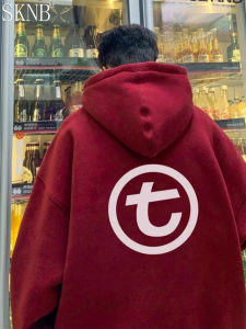 เสื้อฮู้ดผ้าขนแกะหนาสำหรับฤดูใบไม้ร่วงและฤดูหนาวสำหรับผู้ชาย ทรงหลวม ลายการ์ตูน เสื้อผ้าทำงานสไตล์ยูนิเซ็กซ์ แขนยาว สีแดง