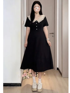 plus Size Womens Hepburn Style Splice Doll Collar Waist Cinching Summer Dress Slimming Meat Covering Long Skirt