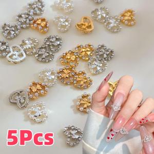 5Pcs Heart Bowknot Alloy Nail Charms Inlaid Pearl Rhinestones Bow Love Shapes Nail Art Decorations Luxury Manicure Accessories 1