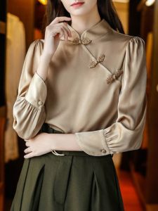 Retro Chinese Cheongsam Shirt Womens Base Layer Shirt Traditional Tang Costume Design Korean Style Commute Wind Long Sleeve