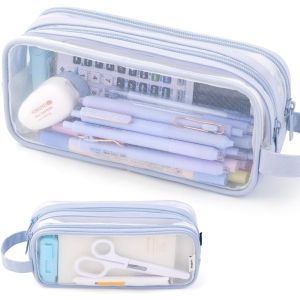 Large Mesh Pencil Case Double Layer Transparent Pencil Pouch Handheld Multifunctional Cosmetic Bag Suitable for School Office