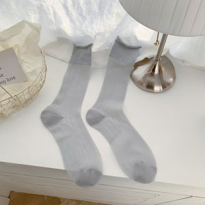 Tất Ống Giữa Bằng Lụa Pha Lê Chống Mùi Thoáng Khí Màu Xám Phong Cách Ballet Cho Nữ Mùa Thu Đông Mary Jane Giày Da Nhỏ