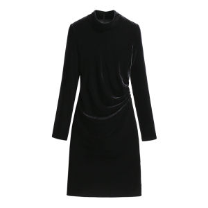 Elegant Black Velvet Thick Winter Dress Christmas Party Dress High Waist Gown Womens Fashion Autumn Winter Season Long Sleeve