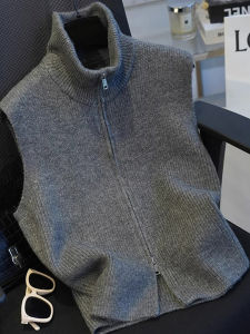 Gray Zipper Knitted Open Cardigan Vest Womens Autumn Winter Sleeveless Shoulder Pad Half High Collar Layering Outerwear Top
