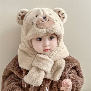 หมวกกันหนาวสำหรับเด็กผ้าพันคอหมวกกันหูสำหรับเด็กกลางแจ้งแบบชิ้นเดียวหมวกขนสัตว์กันลมลายหมีน้อยน่ารักสำหรับเด็กทารกและเด็กเล็ก