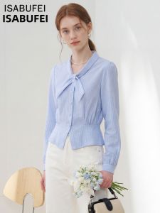 isabufei | Romantic Bow Collar Stripe Shirt New Spring Long Sleeve Casual