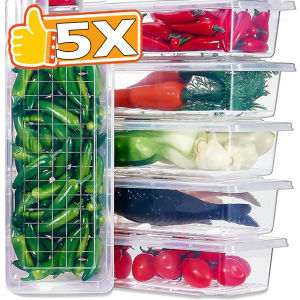 5pcs Refrigerator Fresh-keep Box / Fruits Vegetables Meat Fish Drain Storage Boxes / Stackable Kitchen Organizer / Food Sealed Kitchen Organizer