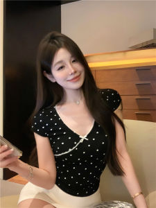 GUZILIAN | Sweet Youthful Polka Dot Short Sleeve V Neck Black T Shirt Womens Summer French Girl Style Pure Desire Miniature Korean Version