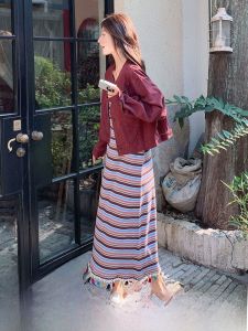 Ankela สีแดง เดนิม เสื้อกั๊ก เดรส ชุดผู้หญิง Early ฤดูใบไม้ร่วง บรรยากาศ Sensation Wearing Reduction ชุดสองชิ้นแขนยาว กระโปรงทรงเอ