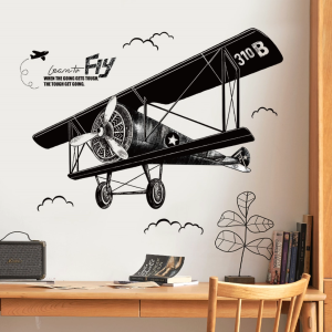 Decal giấy dán tường Máy bay Vintage Đen Trắng Có keo sẵn - Trang trí Phòng Khách Phòng Làm Việc