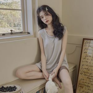 MiiOW | Bộ đồ ngủ không tay bằng lụa băng mùa hè cho nữ có đệm ngực MiiOW Quần áo mặc nhà đơn giản có thể mặc ngoài trời